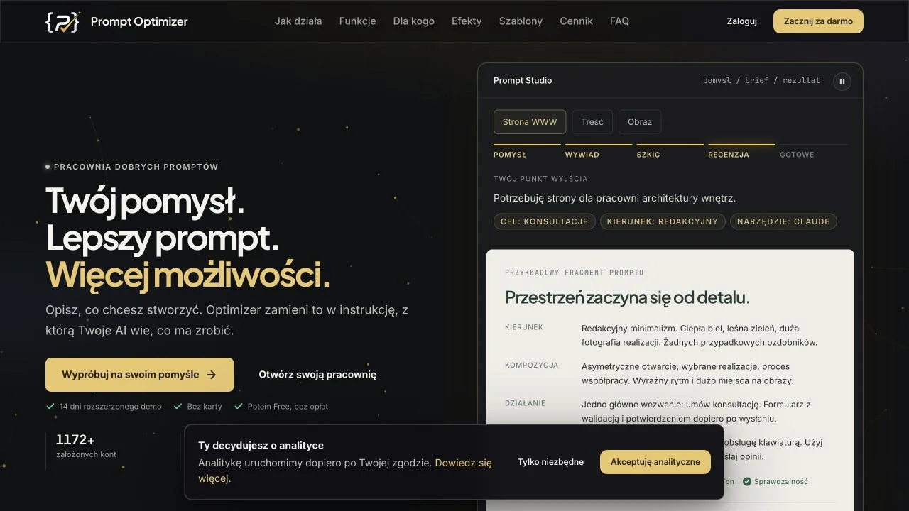 Rzeczywista strona Prompt Optimizera — pracownia dobrych promptów