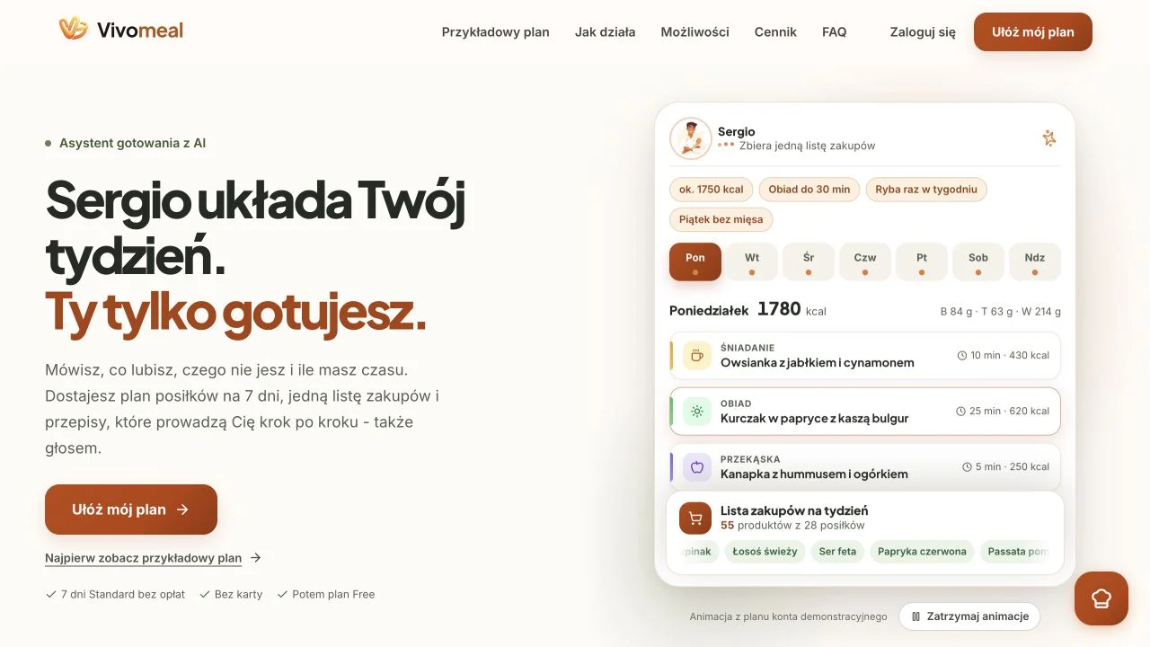 Rzeczywista strona Vivomeal — planer posiłków z asystentem Sergio